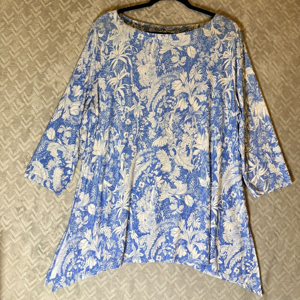 JM Collection Blouse XXL Women Blue Floral Round Neck 3/4 Sleeve Top Knit